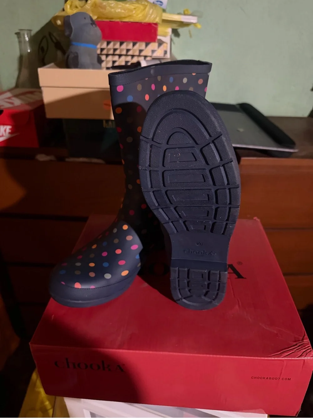 chooka Black Rain Boots with Multicolor Polka Dots